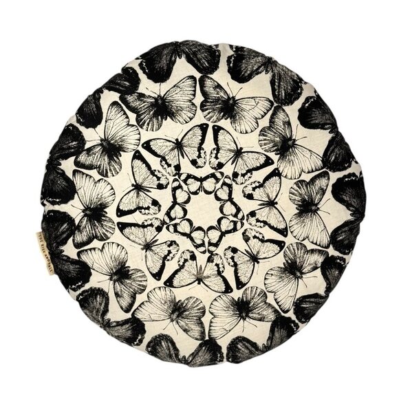 New Boho Decorative Round Throw Pillow Off-White Black Butterfly Print 15”D - Picture 3 of 7
